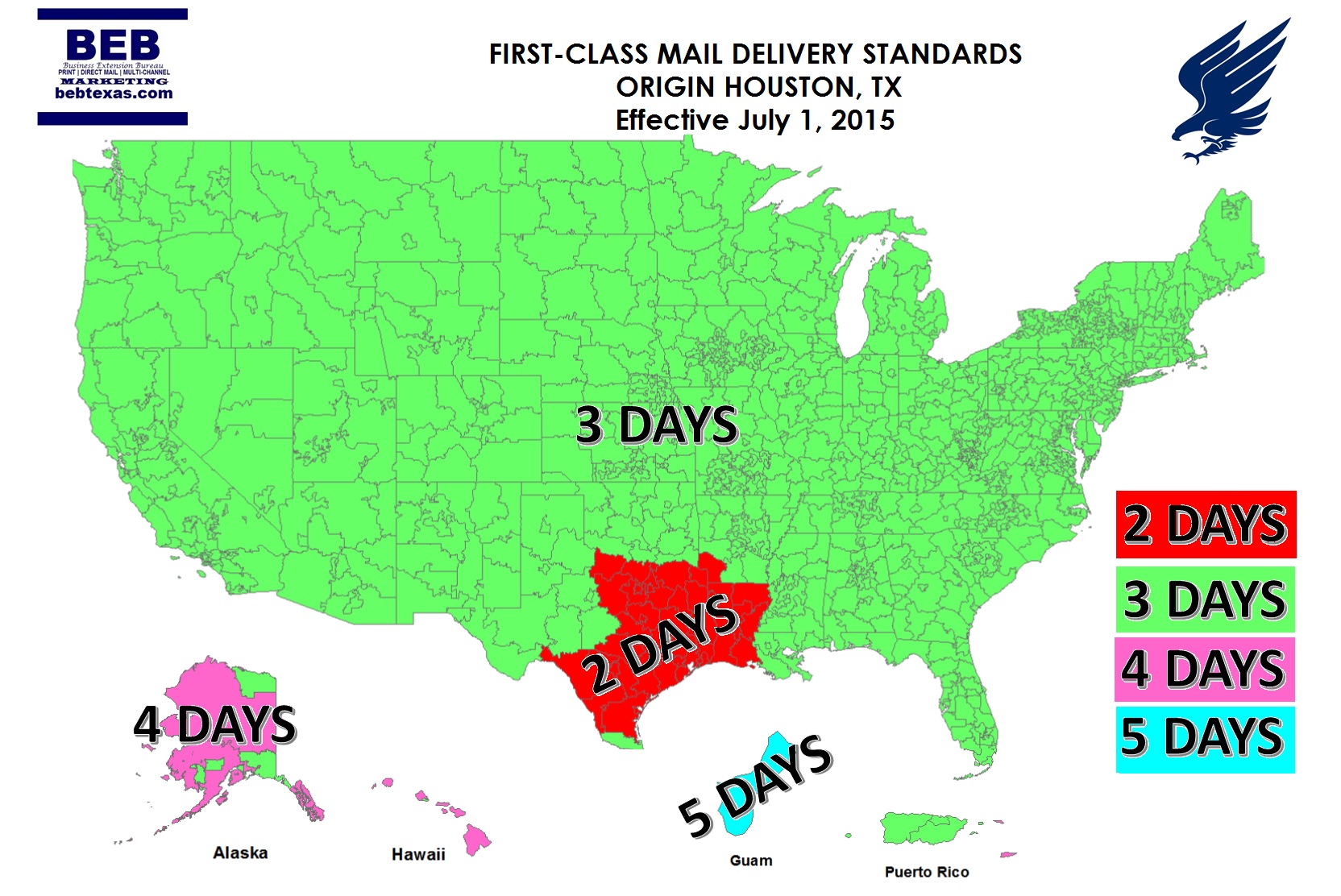 First Class Mail Delivery Standards Map effective July 1, 2015